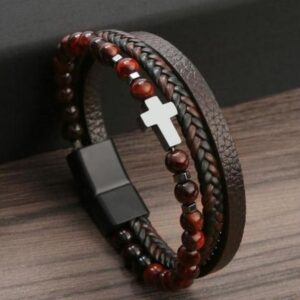 Stainless Steel Beaded Cross Charm & Magnetic Clasp