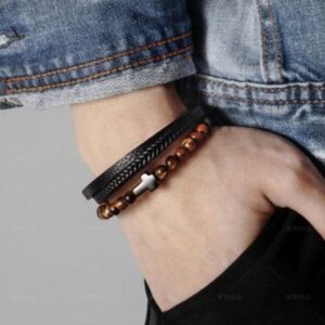 Stainless Steel Beaded Cross Charm & Magnetic Clasp