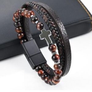 Stainless Steel Beaded Cross Charm & Magnetic Clasp